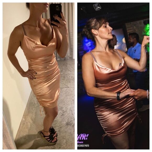 Champaign Gold Ruched Party Dress Adjustable Spaghetti Straps Medium Club - Picture 1 of 15